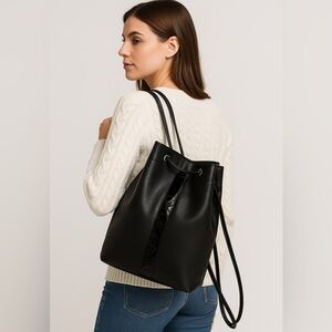 REACTION Kenneth Cole Black Bucket Backpack with Removable Pouch Drawstring Bag